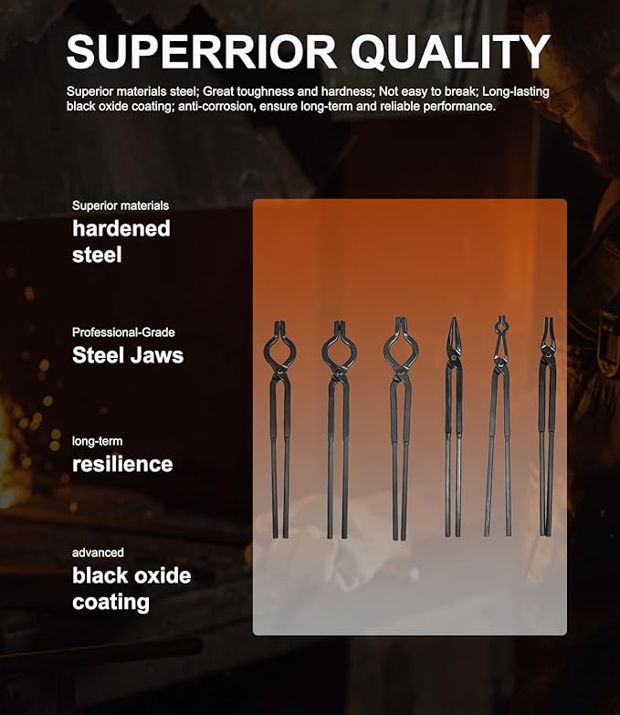 Beginner blacksmith tongs Blacksmith Forge Tong Tools Set Includes 1/4 Flat Jaw, Pick Up, Scroll, 3/8 1/2 5/8 V-Bit Tongs (6 Piece)