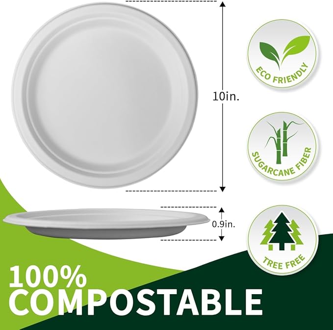 10 Inch Compostable Paper Plates【White 150 Pack】, 100% Sugarcane Bagasse Large Disposable Plates, Sturdy Heavy Duty, Biodegradable Dinnerware for Party, BBQ, Picnic, Catering