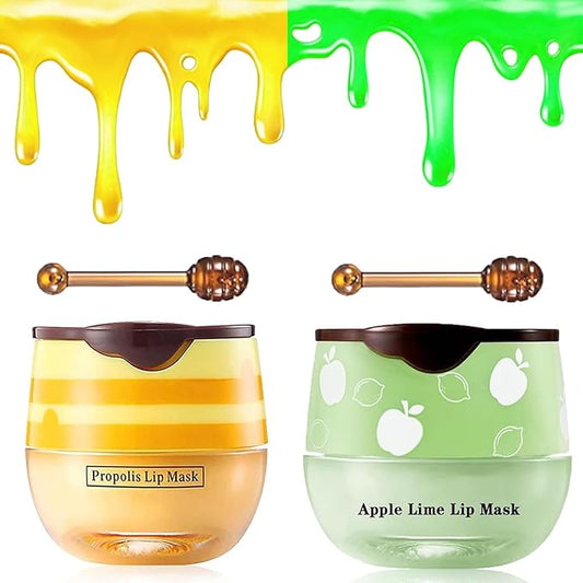 2 PCS Bee Lip Balm Honey Pot, Honey & Apple Lime Sleeping Lip Mask Overnight, Hydrating Prevention Dry and Cracked Lip Scrub, Reduces Lip Lines, Brightening Lip Color-BrightBean Baby