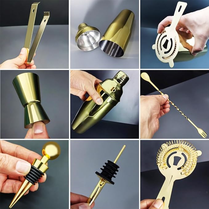 Cocktail Shaker Set with Stand, Cocktail Shaker Bartender Kit: Bar Tool Set, Drink Mixing Includes Martini Shaker,Strainer,Jigger,Bar Mixer Spoon,Muddler, Pourer, Bottle Stopper (Gold)