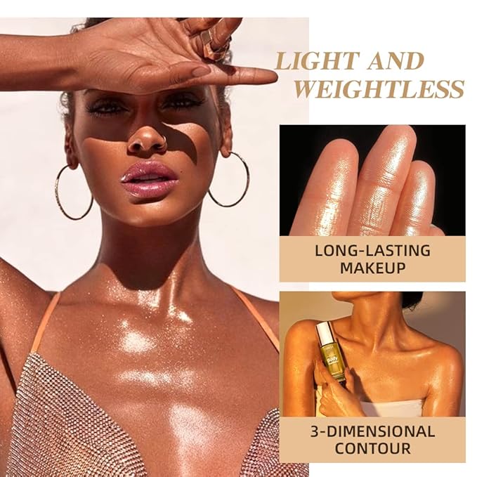 40ml Body Shimmer Oil,Face and Body Liquid Luminizer,Smooth Body Shimmer Oil For Sunshine Bath, Waterproof Moisturizing Light Shimmer Glow Illuminator,Liquid Highlighter Makeup,Makeup Brush Include (5#-Gold)-BrightBean Baby