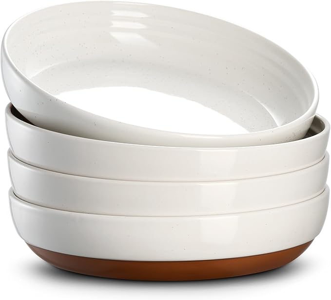 DOWAN 8.5" Pasta Bowls Set of 4 with Sesame Glaze Finish, 30oz Shallow White Ceramic Dinner Bowls, Wide Bowl Plates for Pasta, Salad, Soup & Stew, Microwave & Dishwasher Safe, Housewarming Gift