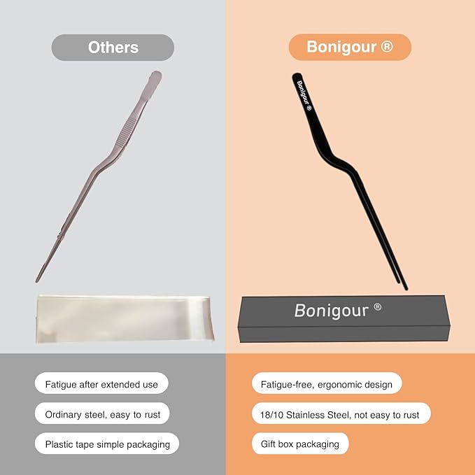 8 Inch Precision Offset Tweezers, Kitchen Culinary Stainless Steel Tongs, Curved Kitchen Cooking Multi-function Chef Precision Tweezer Tongs for Plating, Food Decorating and ect (Black)