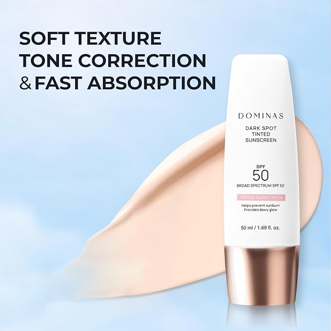 SPF 50 DOMINAS Tinted Sunscreen Moisturizer (1.7fl oz) - Tone Correction, Korean Skin Care, Broad-Spectrum UV Defense Sunblock, Water-in-Oil Formula for Lightweight, Panthenol, Sun Cream-BrightBean Baby