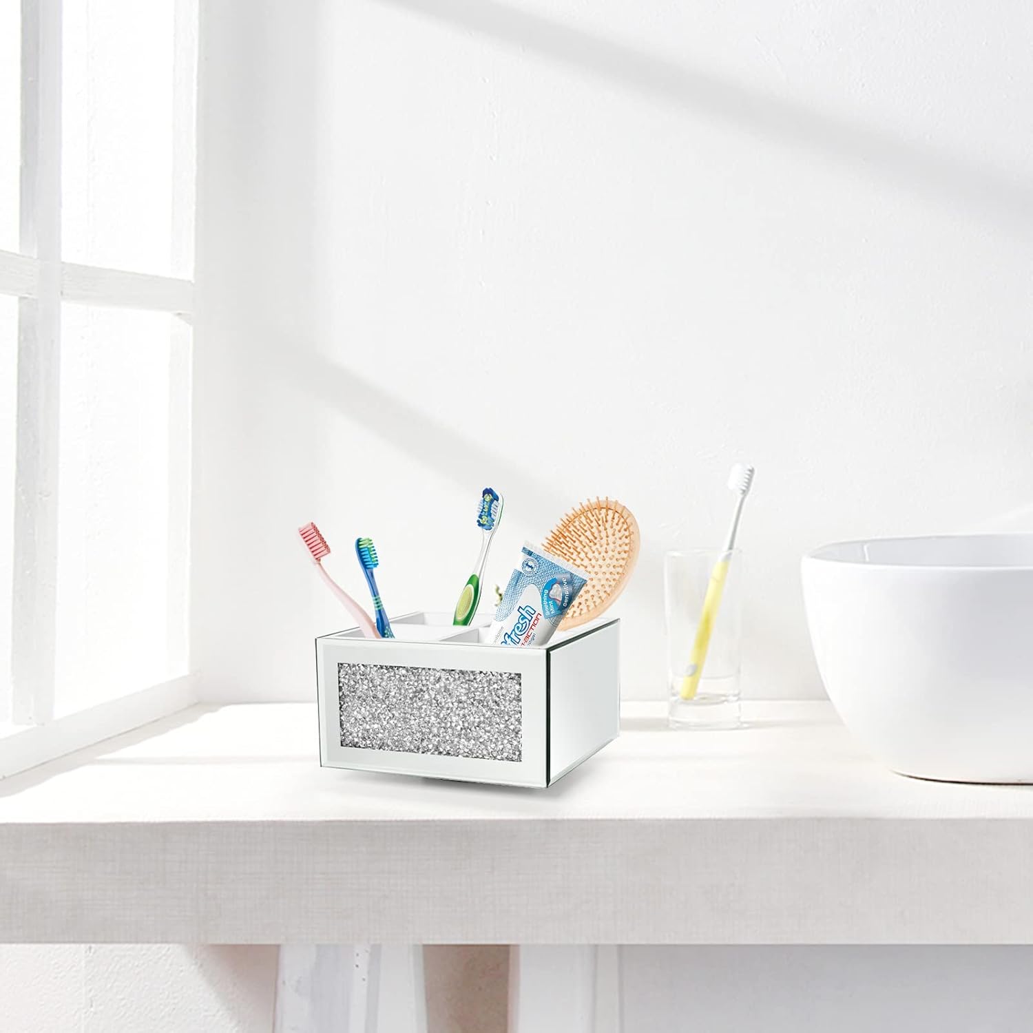 SWTHONY 360 Rotating Makeup Brush Holder Organizer, Silver Bling 4 Slot Crushed Diamond Glass Mirrored Cosmetic Brushes Storage, Eyeliners Eyebrow Pencil Display Case-BrightBean Baby