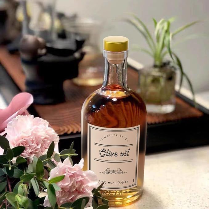 Olive Oil Dispenser Bottle for Kitchen, Clear Glass Oil and Vinegar Dispenser Set, Coffee Syrup Dispenser, Container With Metal Pour Spout, Airtight Lid, Funnel, Waterproof Labels (375ml-4 Pack)