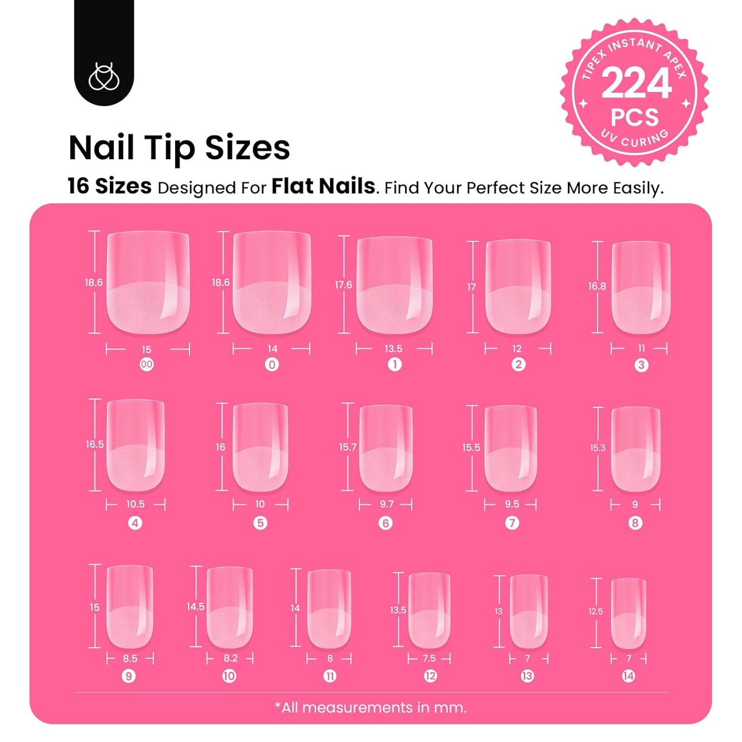 Beetles Tipex Gel Nail Kit Extra Short Square: 16 Sizes Instant Apex Nail Tips, 224 Pcs Pre-Building False Nail Tips with Tipex Nail Glue, Mini Nail Lamp-Thick Acrylic Nail Set-BrightBean Baby