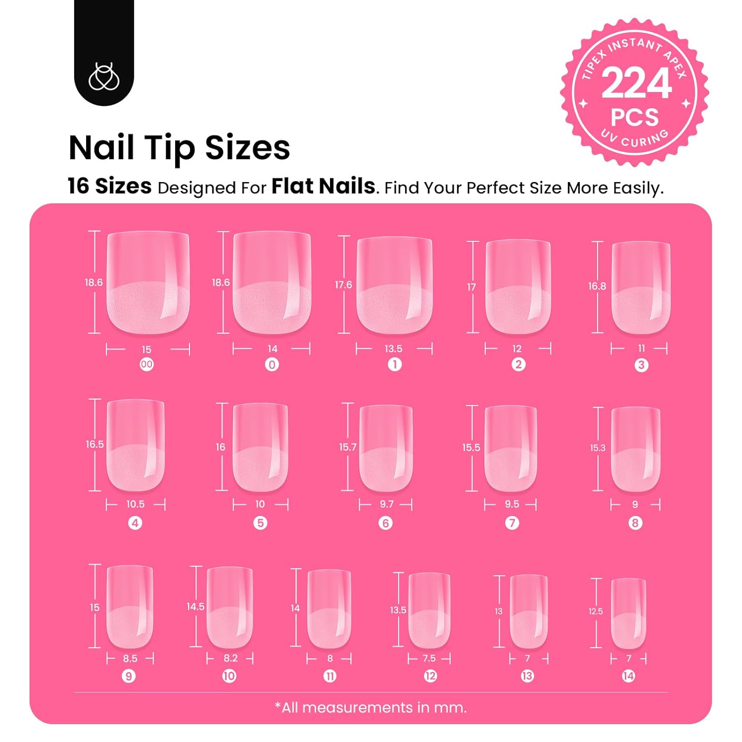 Beetles Tipex Gel Nail Kit Extra Short Square: 16 Sizes Instant Apex Nail Tips, 224 Pcs Pre-Building False Nail Tips with Tipex Nail Glue, Mini Nail Lamp-Thick Acrylic Nail Set-BrightBean Baby