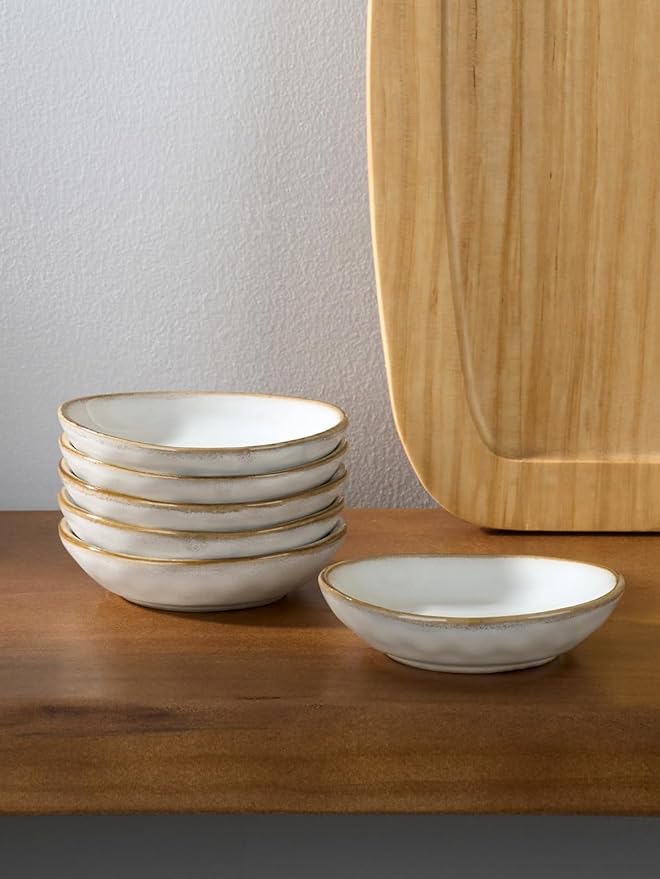 famiware Ocean Soy Sauce Dishes of 6, Oval Dipping Sauce Cups/Bowls/Dishes for Kitchen, 2.1oz Ceramic Small Bowls for Side Dish, Appetizers, Snacks, and Sushi, Reactive Glaze, Cappuccino White