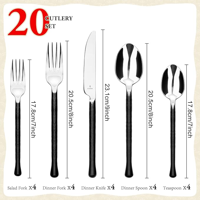 Forged 20-Piece Matte Black Silverware Set, 18/10 Stainless Steel Flatware Service for 4, Rustic Black Flatware, Spoons Forks Set Home Kitchen Restaurant Housewarming, Dishwasher Safe