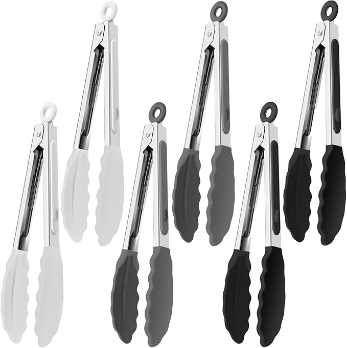 6 PCS Silicone Tongs,Cooking Tongs with Silicone Tips,7 Inch Stainless Steel Silicone Kitchen Tongs,Heat Resistant Non-Stick,for Cooking Grilling Salad,BBQ Tongs with Locking