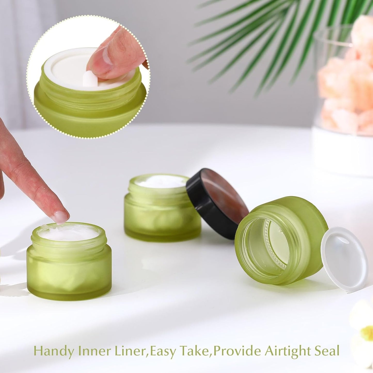 Domensi 100 Pcs 1 oz Glass Jars with Lids Bulk Round Glass Cosmetic Jars Lids 1 oz Small Travel Containers with Inner Liner for Lotions Powders Ointments Sample Cream(Bean Green,Black)-BrightBean Baby