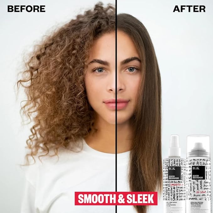 IGK GOOD BEHAVIOR Smoothing Frizz Fighters Set | 4-in-1 Prep Spray + Spirulina Protein Smoothing Spray | Frizz Control + Heat Protectant | Vegan + Cruelty Free-BrightBean Baby