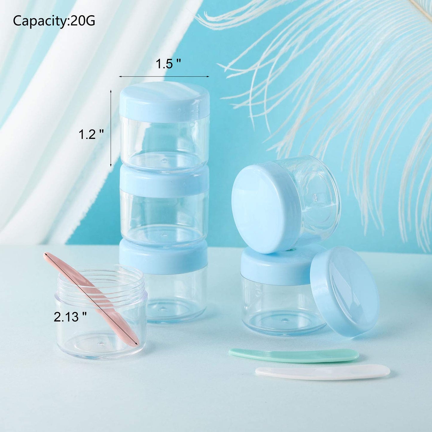 Refillable Cosmetic Sample Jars - 100 Pack 20g (0.7oz) Blue Small Travel Containers with Lids + 10 Mini Makeup Spatulas - BPA Free-BrightBean Baby