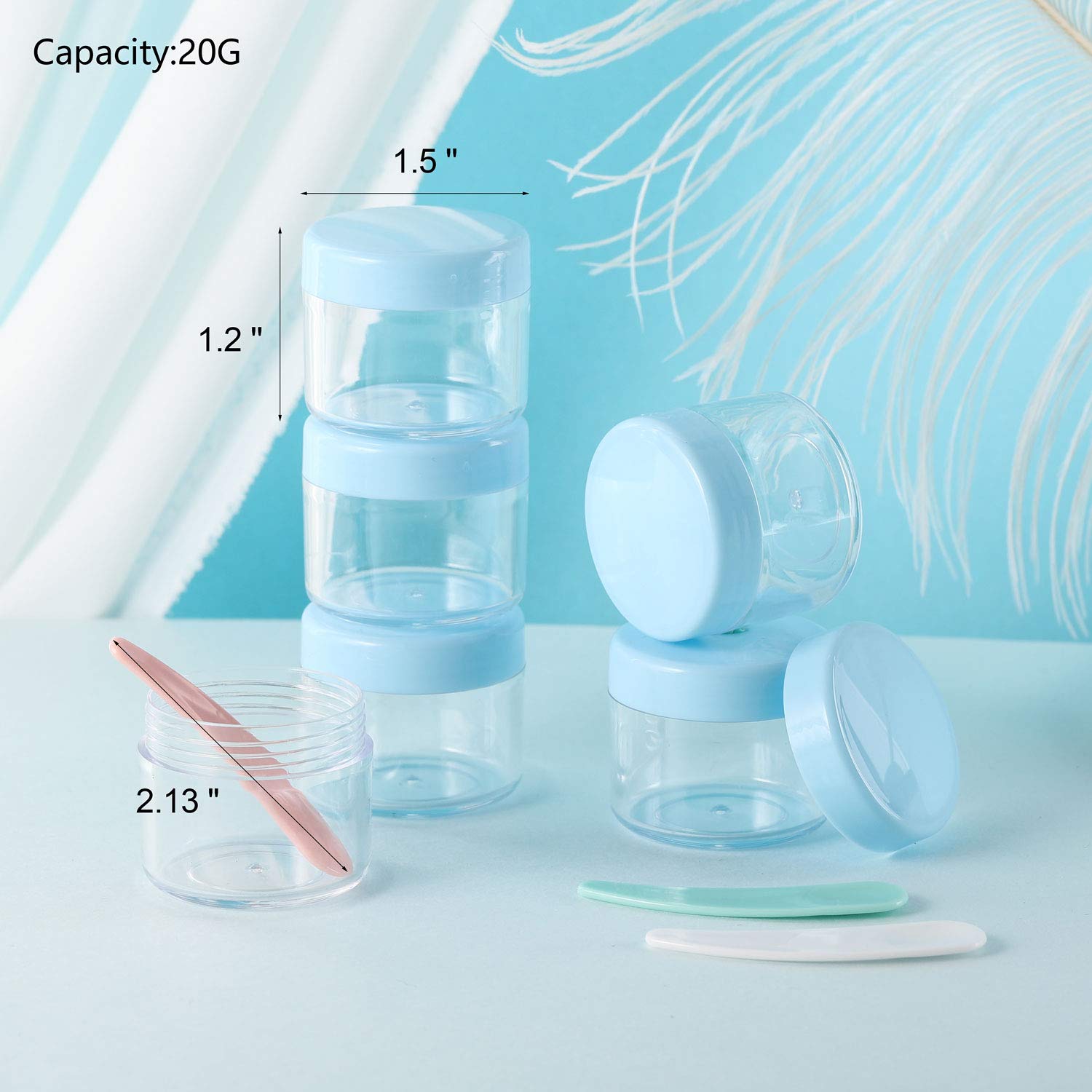 Refillable Cosmetic Sample Jars - 100 Pack 20g (0.7oz) Blue Small Travel Containers with Lids + 10 Mini Makeup Spatulas - BPA Free-BrightBean Baby