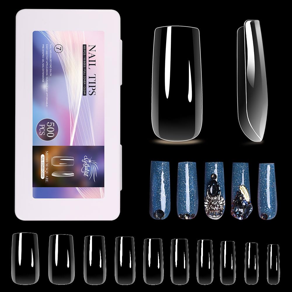 Medium Square Nail Tips 500PCS, Clear Acrylic Full Cover Gel Press on Nail Tips for DIY, 10 Sizes Pre-Shaped False Nails with Glossy Finish, Professional Manicure Kit & Easy Application-BrightBean Baby