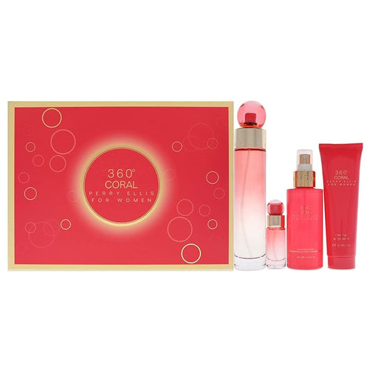 Perry Ellis 360 Coral 3.4oz EDP Spray, 4oz Body Mist, 3oz Shower Gel, 0.25oz EDP Spray Women 4 Pc Gift Set-BrightBean Baby