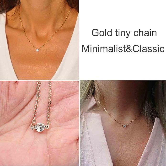 Boho Tiny Crystal Choker Gold Clear Quartz Pendant Necklace Minimal Dot CZ Choker Necklace Simple Everyday Necklace Wedding Necklace Jewelry for Women and Girls Gifts-BrightBean Baby