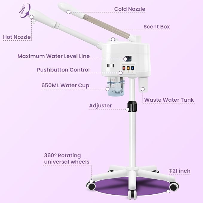 Professional Facial Steamer, 2 in 1 Facial Steamer on Wheels for Cold Mist & Hot Mist & Timer Function, Stand Face Steamer Adjustable Height for Spa, Salon and at Home use-BrightBean Baby
