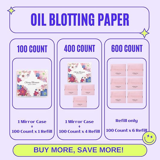 [100 Counts + Mirror Case] Cherry Blossom Natural Oil Blotting Paper for Face Korean with Mirror Case-BrightBean Baby