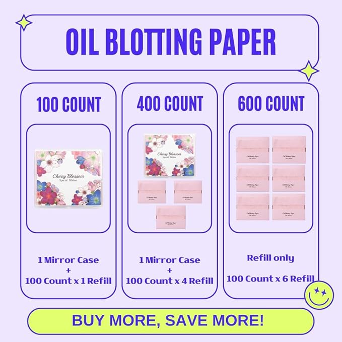 [600 Counts Refills Only] Cherry Blossom Natural Oil Blotting Sheets for Face with Mirror Case and Refills-BrightBean Baby