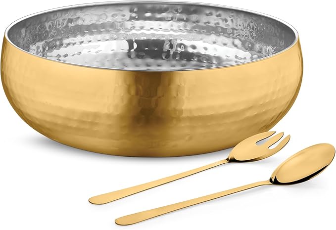 Avador® Set of 3 Premium Stainless Steel Salad Mixing Bowl Hammered Finish | Handmade | Includes Salad Serving Utensils (Gold Plated)