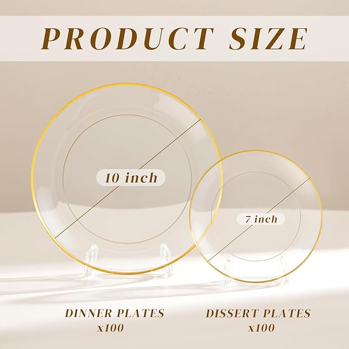 bUCLA 200PCS Clear and Gold Plastic Plates - Clear Disposable Plates with Gold Rim, Includes 100 PCS 10 inch Dinner Plates and 100 PCS 7 inch Dessert Plates for Party&Wedding