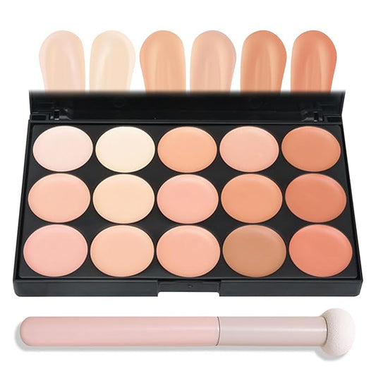 15 Colors Correcting Concealer Contour Palette,Cream Contour Makeup Palette with Brush,Contouring Liquid Foundation Concealer Palette Highlighting Makeup Kit for Conceals Dark Circles,Blemish-BrightBean Baby