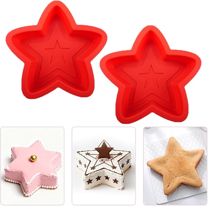 2 Pcs Star Shaped Cake Pans, 8 Inch Silicone Cake Molds, Silicone Baking Mold, Flexible Nonstick Baking Pans for Cakes, Cheese Cakes and Chocolate Cake, Red