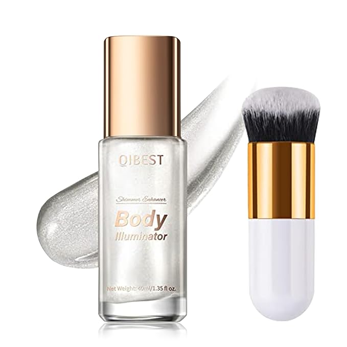 40ml Body Shimmer Oil,Liquid Body Illuminator, Waterproof Moisturizing And Glow For Face & Body, All-In-One Makeup Liquid Illuminator, Summer Body Luminizer,Makeup Brush Include(01#Silver)-BrightBean Baby