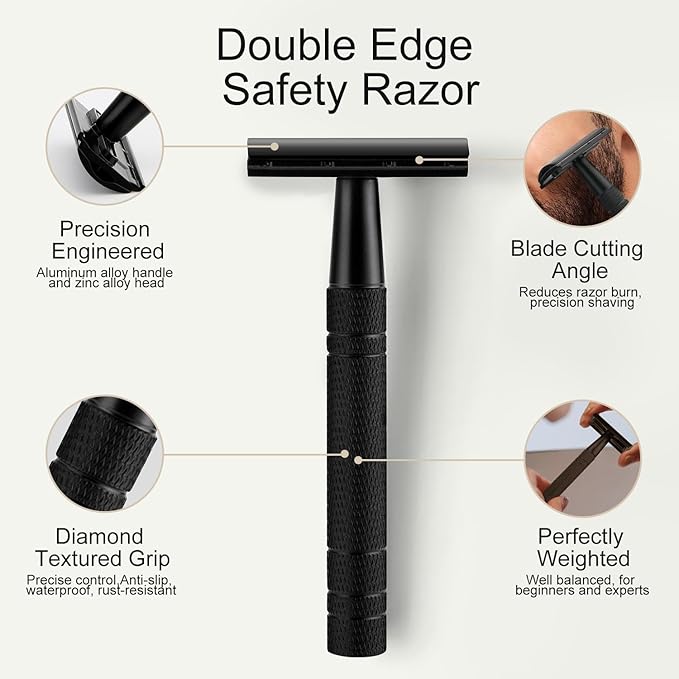 Matte Black Safety Razor, Single Blade Razors for Men, with 10 Stainless Steel Double Edge Blades, Reusable Metal 1 Blade Razor, Eco-Friendly, Smooth and Close Shave, Sustainable, Plastic Free-BrightBean Baby