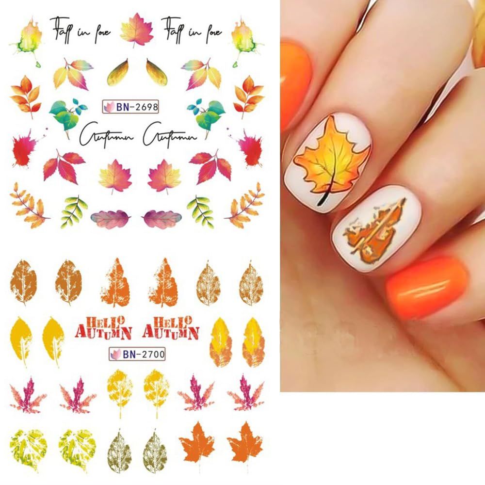 Fall Thanksgiving Nail Art Stickers Decals, 12 Sheets Maple Leaf Design Water Transfer Nail Decals Autumn Thanksgiving Nail Art Decoration Abstract Leaves Ginkgo Slider Nail Foils for Women DIY Supply-BrightBean Baby