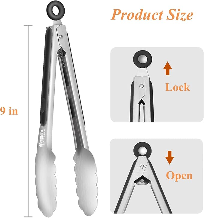 Tongs for Cooking, 9-Inch Stainless Steel Kitchen Tongs, Locking Metal Food Tongs with Silicone Non-Slip Grip, Kitchen Utensils Tongs for Food, Salad and Outdoor BBQ (Set of 4)