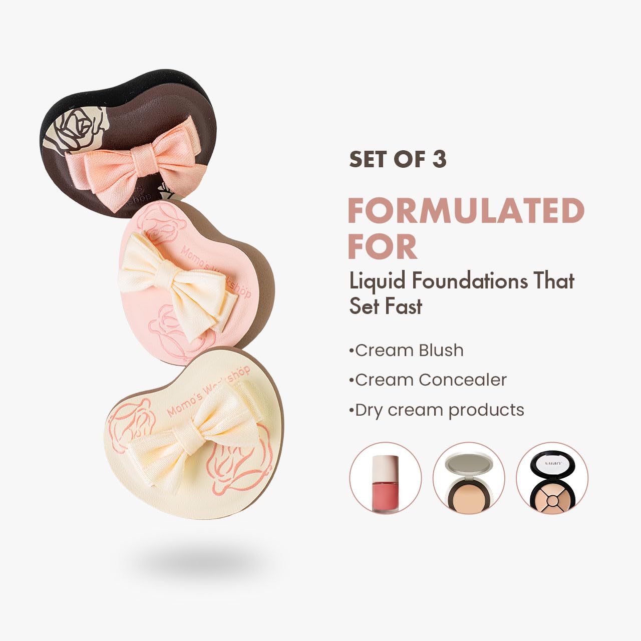 Heart-Shaped Makeup Sponge,Firm Bounce Rubycell, Foundation Sponge with Bow Tie Strap, for Precision Blending of Concealer/Cream Products, 3-Colors,Travel Friendly & Reusable & Storage Case-BrightBean Baby