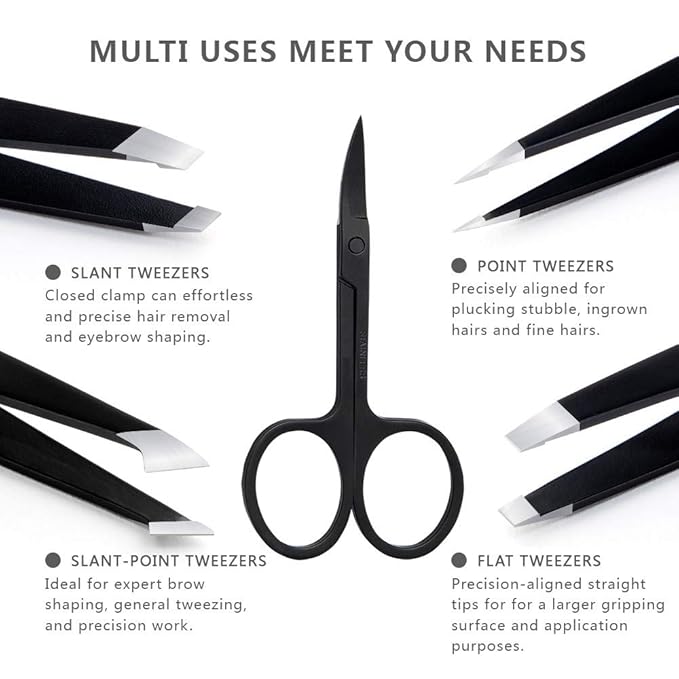 Tweezers Set 5-Piece - Professional Stainless Steel Tweezers with Curved Scissors, Best Precision Tweezer for Eyebrows, Splinter & Ingrown Hair Removal with Leather Travel Case (Black)-BrightBean Baby