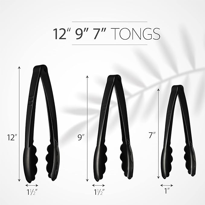 Plasticpro Heavy Duty Reusable Black Serving Tongs Combo Set - 4 Pieces (7.5'', 9'', 12'') for Kitchen, BBQ, Parties, Catering, Events, Weddings - Pack of 12