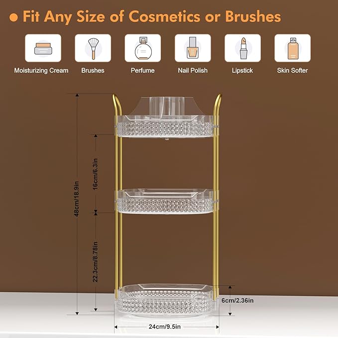 Awenia Rotating Makeup Organizer 360, Stackable Adjustable Large Capacity Cosmetic Storage Unit,Dresser Bathroom Kitchen Countertop Organizer with Metal Handle, Plus Size (Clear, 3 Tier)-BrightBean Baby