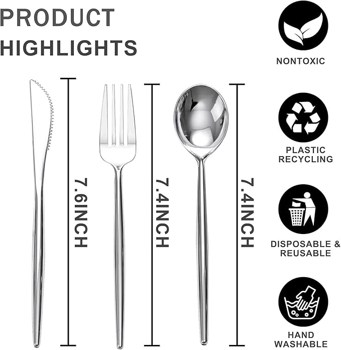 Rubtlamp 90Pcs Silver Plastic Silverware, Silver Plastic Thanksgiving Utensils, Plastic Cutlery Include 30 Knives, 30 Forks and 30 Spoons, Silverware Heavy Duty For Thanksgiving