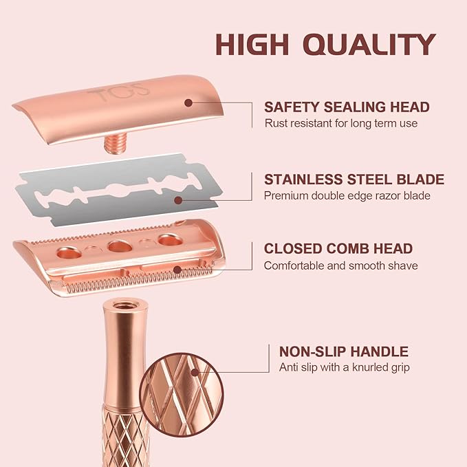Double Edge Safety Razor for Women with Silicone Cover & 10 Blades for Travel Metal Eco-Friendly Reusable Single Blade Razor for Shaving (Rose Gold)-BrightBean Baby