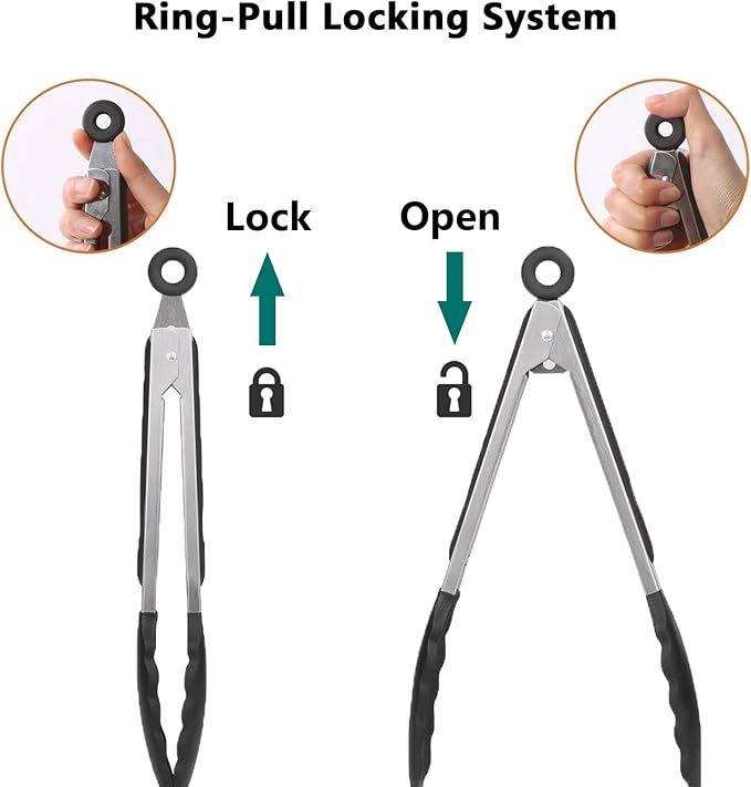 Kitchen Tongs for Cooking with Non-Stick Silicone Tip 2 Pack (9" & 12"), Heat Resistant Food Tongs, Stainless Steel Locking Silicone Tongs for Baking Salad Grill BBQ, Serving Utensils