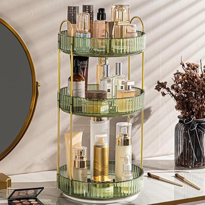 Makeup Organizer for Vanity, 360° Rotating Bathroom Organizer Countertop, High-Capacity Skincare Organizer, Spinning Cosmetics Organizer for Dresser Countertop (3 Tiers, Green)-BrightBean Baby