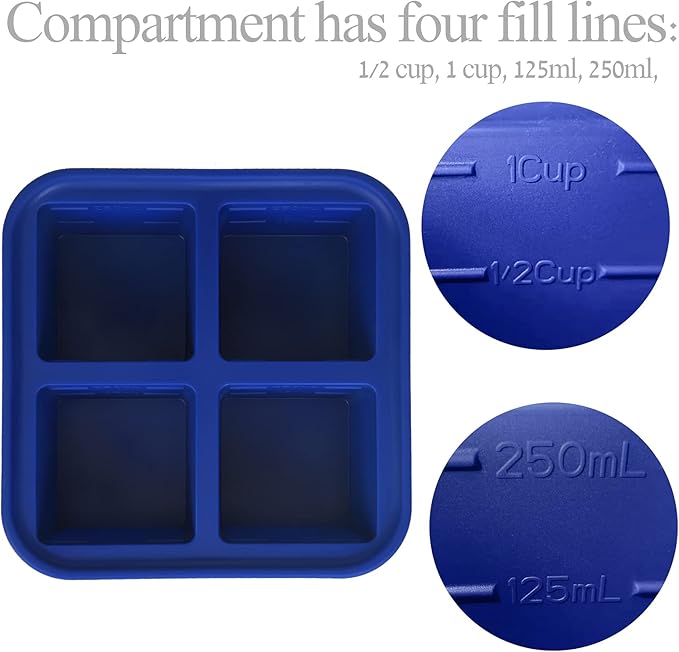 1 Cup Silicone Freezer Tray with Lid 1 Pack - Make 4 Perfect 1-Cup Portions - Easy Release Molds for Food Storage & Freeze Soup, Broth, Stew or Sauce