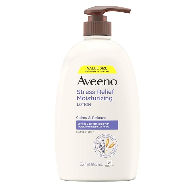 Aveeno Stress Relief Moisturizing Body Lotion 33 Fl Oz, Lavender Scent with Prebiotic Oat, Hydrating 24-Hour Moisturizer Non-Greasy for Dry Sensitive Skin, Paraben & Dye Free, Calming & Relaxing-BrightBean Baby