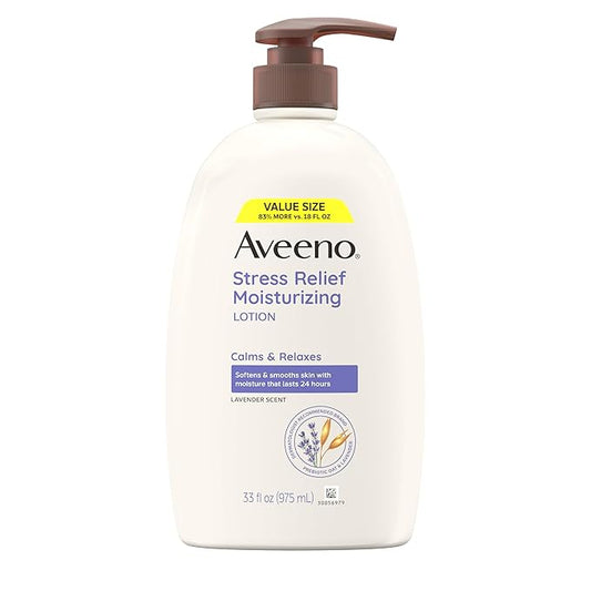 Aveeno Stress Relief Moisturizing Body Lotion 33 Fl Oz, Lavender Scent with Prebiotic Oat, Hydrating 24-Hour Moisturizer Non-Greasy for Dry Sensitive Skin, Paraben & Dye Free, Calming & Relaxing-BrightBean Baby