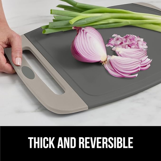 GORILLA GRIP BPA-Free Reversible Kitchen Cutting Board Set of 3, US Designed, Nonporous, Juice Grooves Catch Liquid, Slip Resistant Border, Dishwasher Safe, Durable Food Chopping Boards, Almond Gray