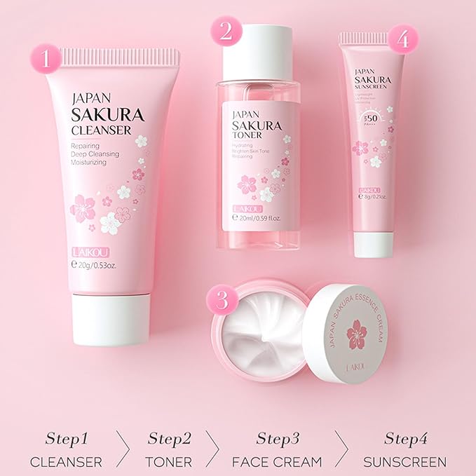 Sakura Travel Skincare Set for Teenage Girls - Face Routine Set for Women,4 Piece Gentle Skin Cleaning & Care Travel Size Kit With Cleanser, Toner, sunscreen and Face Cream-BrightBean Baby