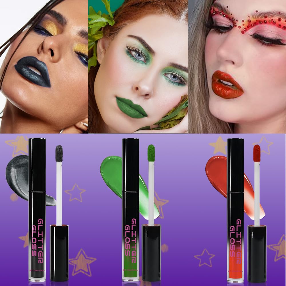 Gray Black Green Red Metallic Lipstick for Women,Glitter Sparkling Liquid Lipstick,Long Lasting Waterproof Lightweight Non-Drying Bold Dark Lip Gloss for Gothic Stage Makeup,Vegan-BrightBean Baby