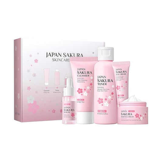 Skin Care Set JAPAN SAKURA Women Beauty Gift Sets Skin Care Kit with Cleanser, Toner, Serum, Eye Cream, Face Cream Travel Kit for Women Teen Girls Mom Daughter Birthday TSA-friendly Sizes 5pcs-BrightBean Baby