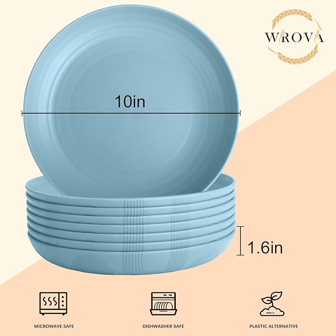 Wrova Wheat Straw Plates - 10 Inch Unbreakable Deep Dinner Plate Set of 8 - Dishwasher & Microwave Safe Plastic Plates Reusable - Lightweight Plate for Kitchen,Outdoor, RV. (Light Blue)