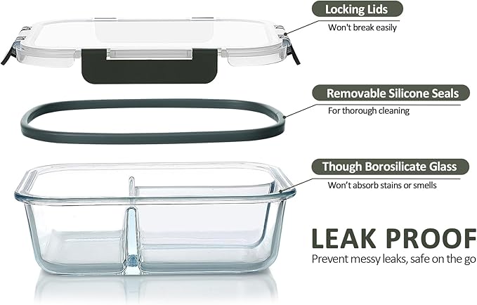 M MCIRCO [5-Pack, 36 oz] Glass Meal Prep Containers 3 Compartment with Lids, Glass Lunch Containers,Food Prep Lunch Box,Bento Box,Microwave, Oven, Freezer, Dishwasher (4.5 Cups)